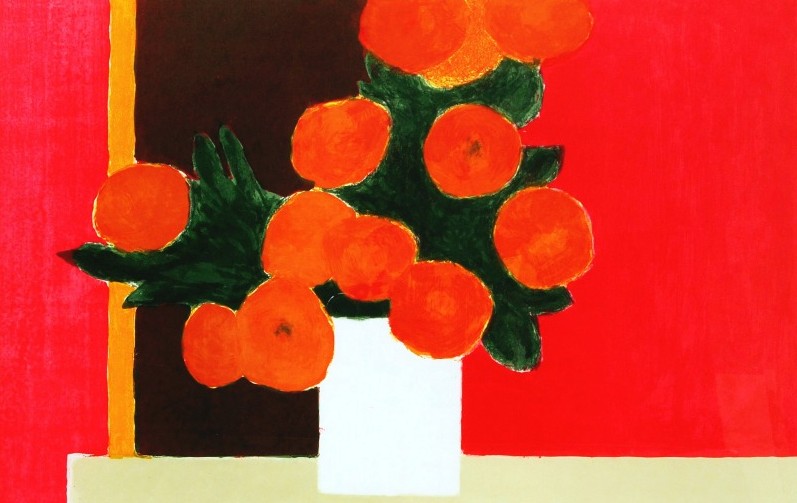 ベルナール・カトランの絵画作品　タイトルは、ピンクの背景の百日草